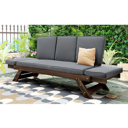 Outdoor Adjustable Patio Wooden Daybed Sofa Chaise Lounge with Cushions for Small Places, Brown Finish+Gray Cushion