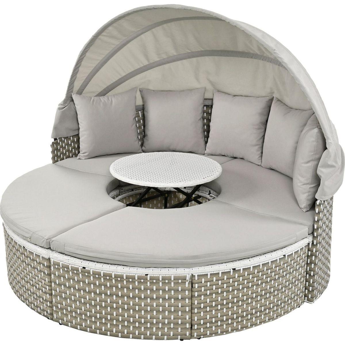 Patio Furniture Round Outdoor Sectional Sofa Set Rattan Daybed Two-Tone Weave Sunbed with Retractable Canopy, Separate Seating and Removable Cushion, Gray