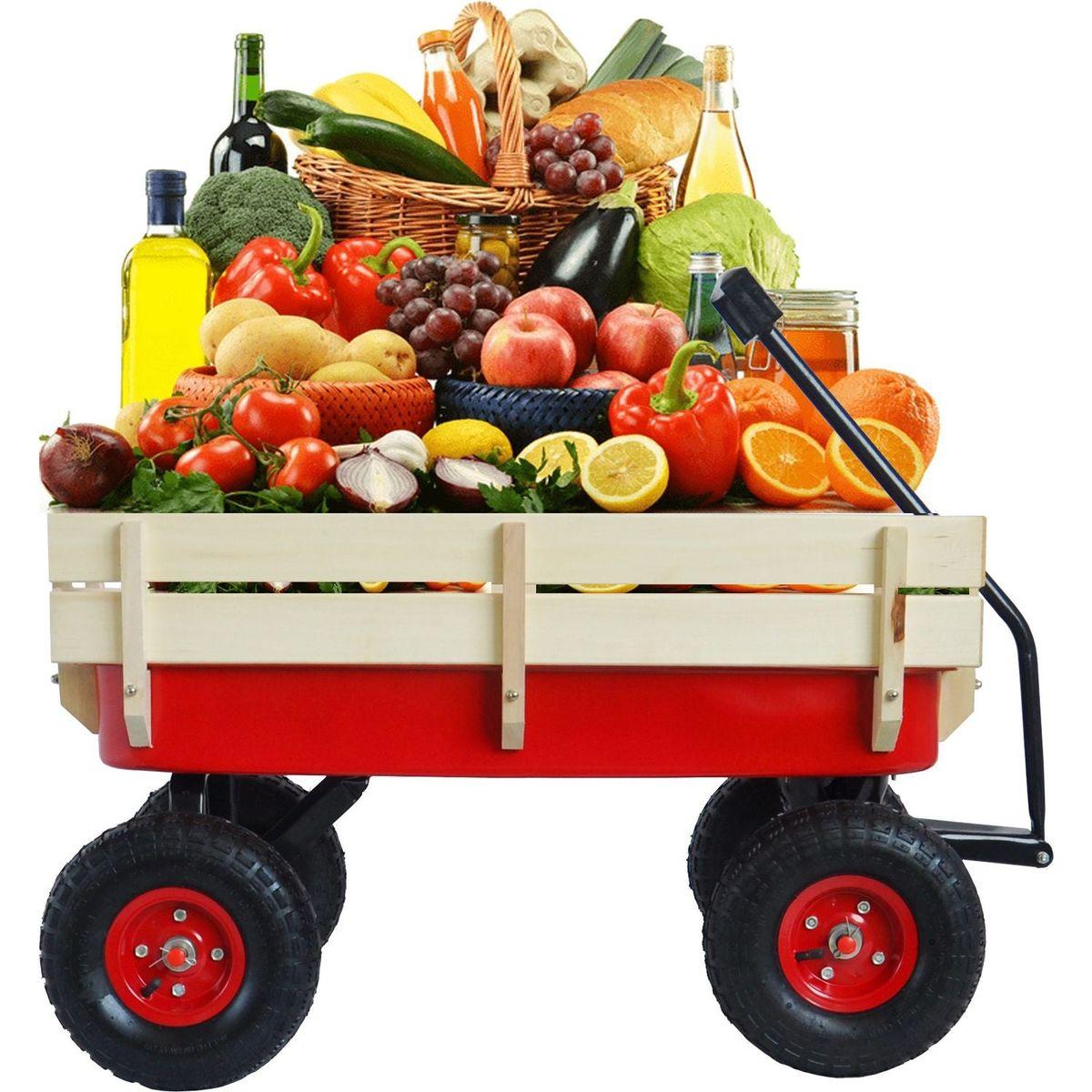 outdoor sport wagon tools cart wooden side panels air tires Wagon (red)