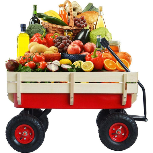 outdoor sport wagon tools cart wooden side panels air tires Wagon (red)
