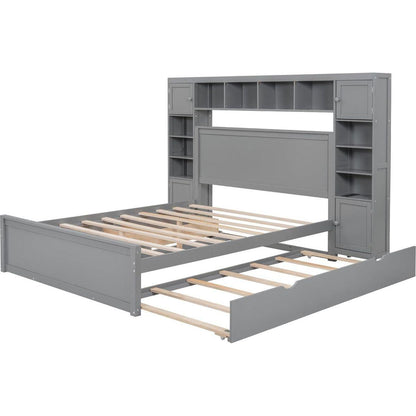 Queen Size Wooden Bed With All-in-One Cabinet, Shelf and Sockets, Gray