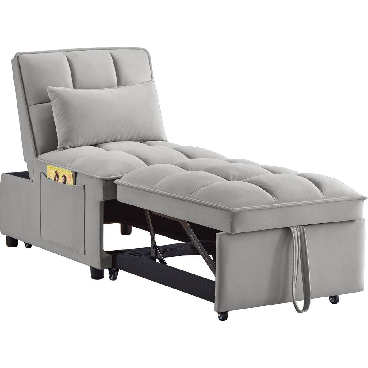 4 in1 Multi-Function Single Sofa Bed with Storage Pockets,Tufted Single Pull-out Sofa Bed with Adjustable Backrest and Pillows, Convertible Chaise Lounge,Gray