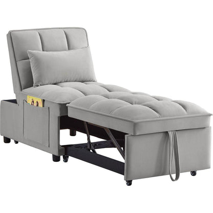 4 in1 Multi-Function Single Sofa Bed with Storage Pockets,Tufted Single Pull-out Sofa Bed with Adjustable Backrest and Pillows, Convertible Chaise Lounge,Gray