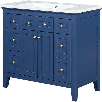 36" Bathroon Vanity with Resin Sink Combo Set, Modern Freestanding Single Bathroom Cabinet with 6 Drawers & 2 Cabinets, Storage Cabinet for Bathroom, Solid Wood Frame Vanity Set, Blue