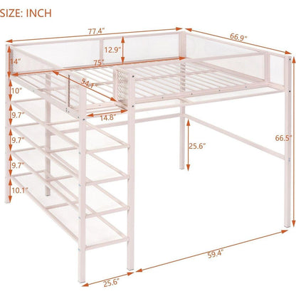 Full Size Metal Loft Bed with 4-Tier Shelves and Storage, Pink