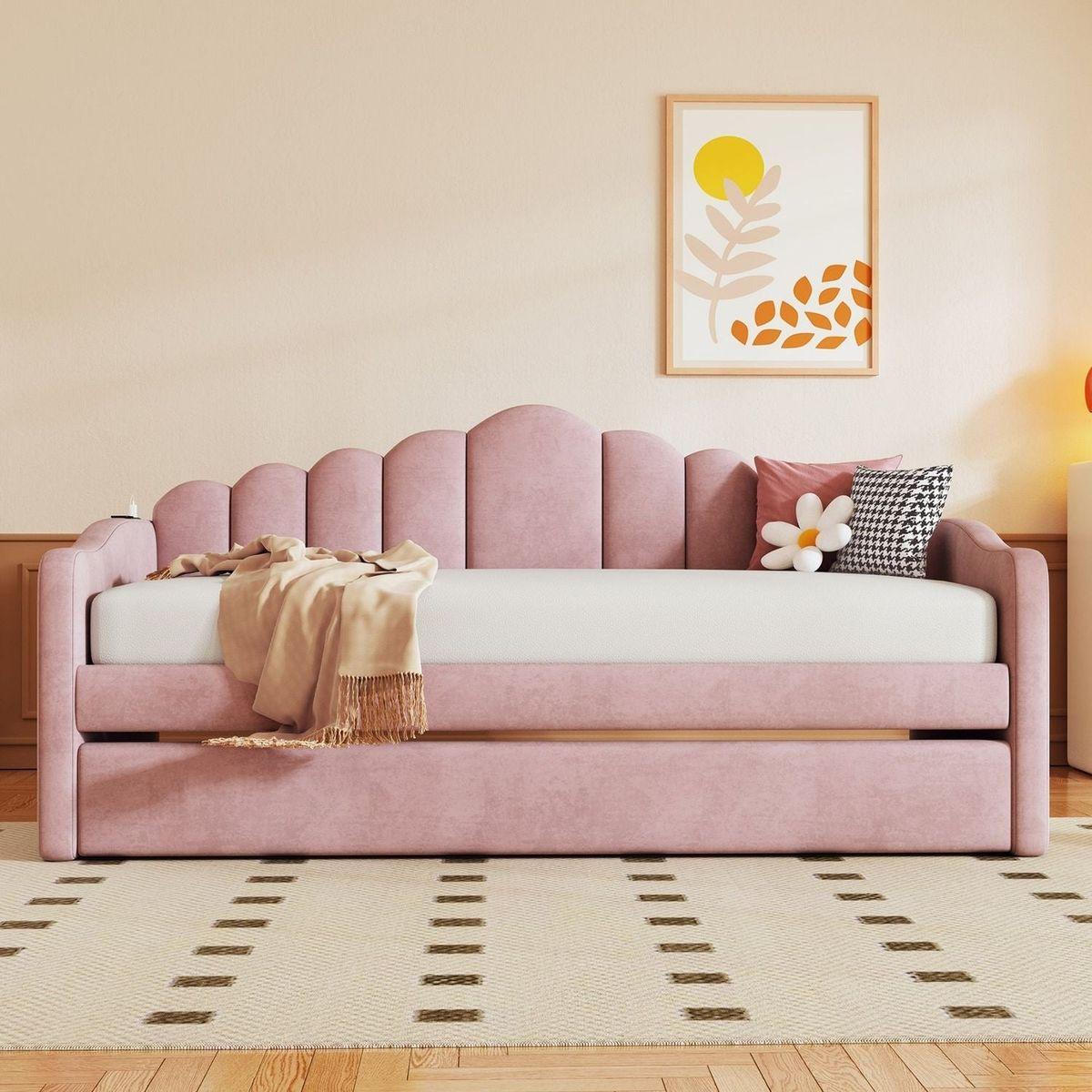 Twin size Upholstered Daybed with Trundle, Velvet Sofabed with USB Charging Ports,No Box-spring Needed,Pink