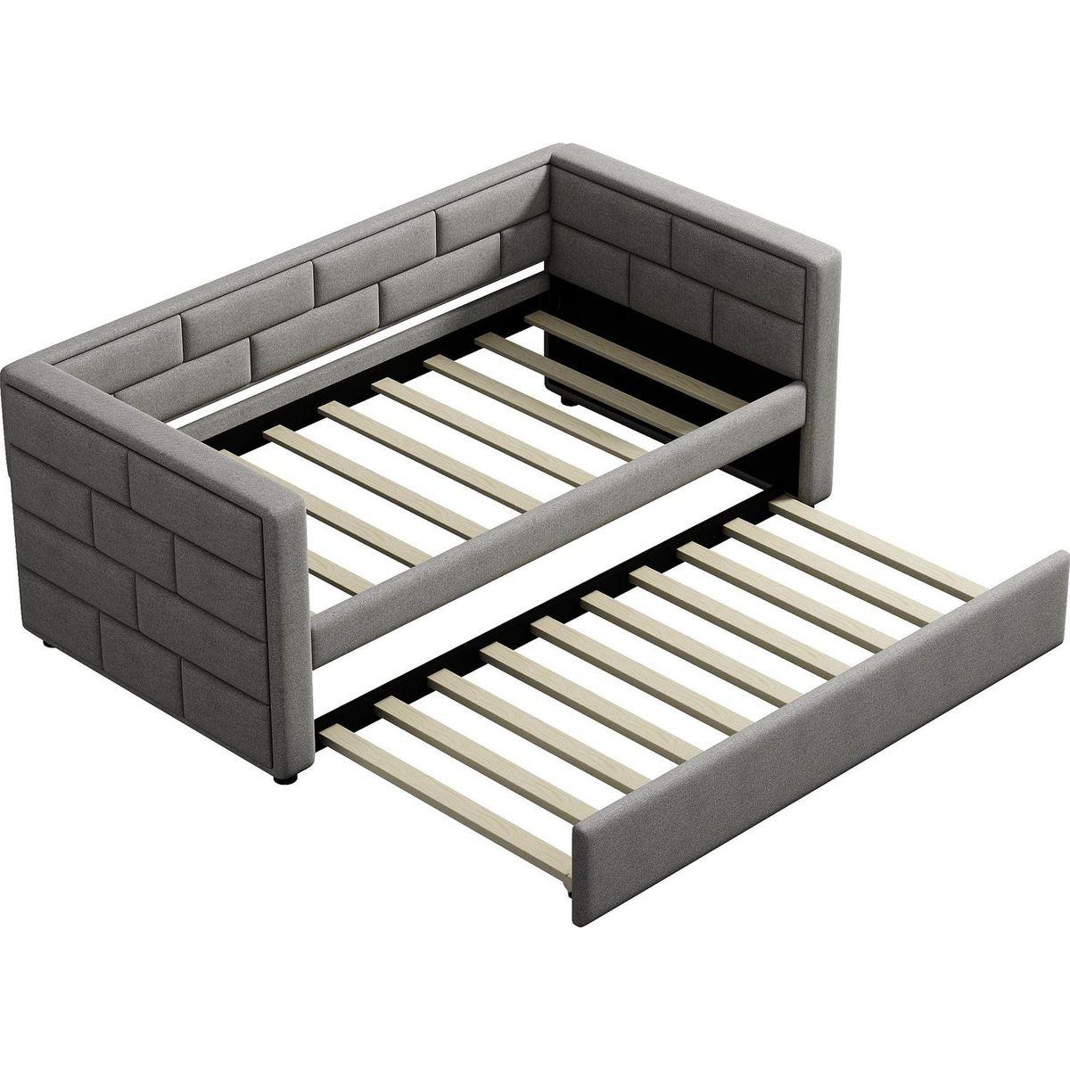 Twin Size Daybed with Trundle, Upholstered Daybed with Padded Back, Gray