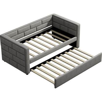 Twin Size Daybed with Trundle, Upholstered Daybed with Padded Back, Gray