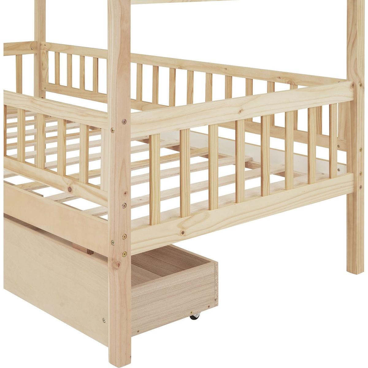 Twin Size Wooden House Bed with Two Drawers, Natural