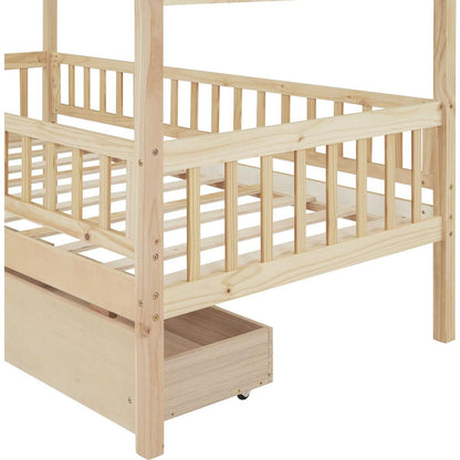 Twin Size Wooden House Bed with Two Drawers, Natural