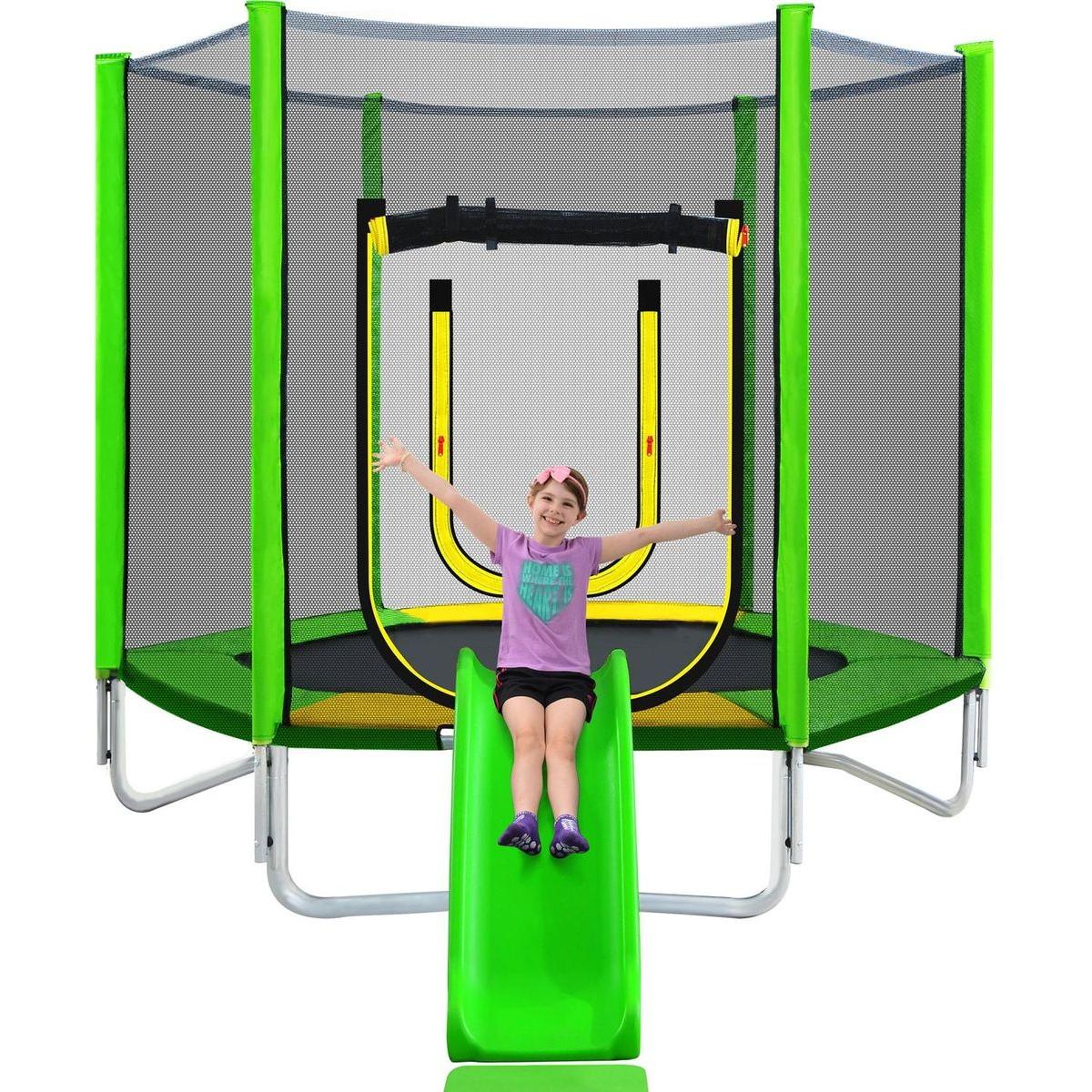 7FT Trampoline for Kids with Safety Enclosure Net, Slide and Ladder, Easy Assembly Round Outdoor Recreational Trampoline