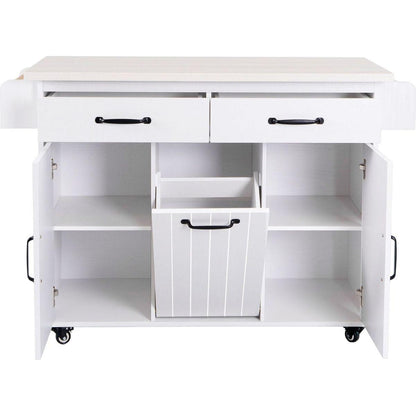 Kitchen Island with Trash Can Storage Cabinet, Kitchen Cart with Drop Leaf, Spice Rack, Towel Rack and Drawer, Rolling Kitchen Island on Wheels with Adjustable Shelf, White