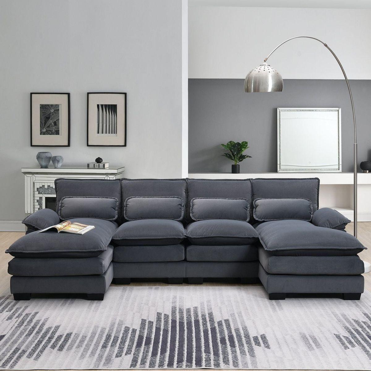109.8x55.9" Modern U-shaped Sectional Sofa with Waist Pillows,6-seat Upholstered Symmetrical Sofa Furniture,Sleeper Sofa Couch with Chaise Lounge for Living Room,Apartment,2 Color