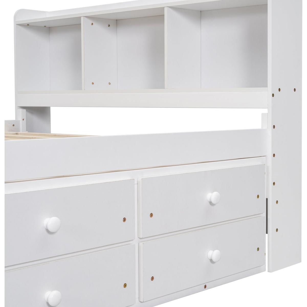 Full Bed with Bookcase Headboard, Under bed Storage Drawers and Bed End Storage Case,White
