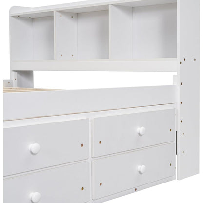 Full Bed with Bookcase Headboard, Under bed Storage Drawers and Bed End Storage Case,White