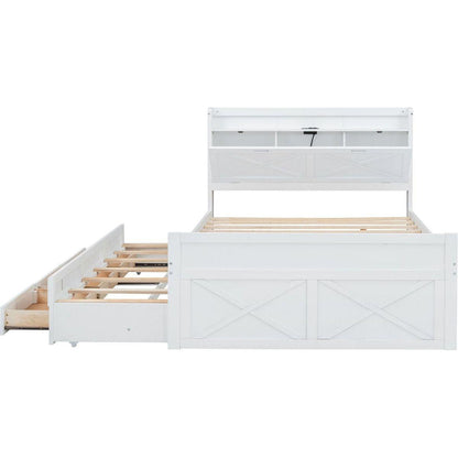 Full Size Wooden Bed with Storage Headboard with Outlets, Extendable Bed with Twin Size Trundle with Three Storage Drawers,White