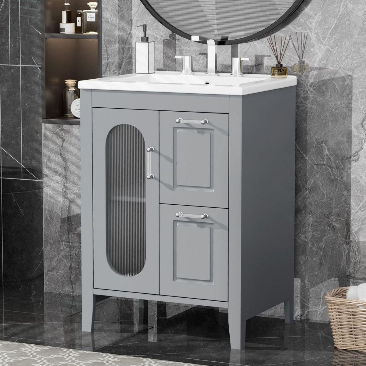 24" Bathroom Vanity with Sink, Bathroom Vanity Cabinet with Two Drawers and Door, Adjustable Shelf, Solid Wood and MDF, Grey