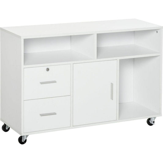 Printer Stand Home Office Mobile Cabinet Organizer Desktop with Caster Wheels, 2 Locking Breaks and Drawer, White