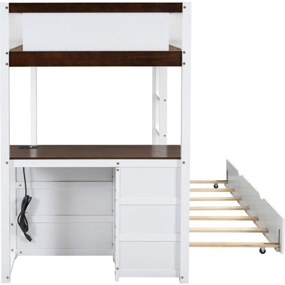 Twin-Over-Twin Bunk Bed with Twin size Trundle, Storage and Desk, White+Walnut