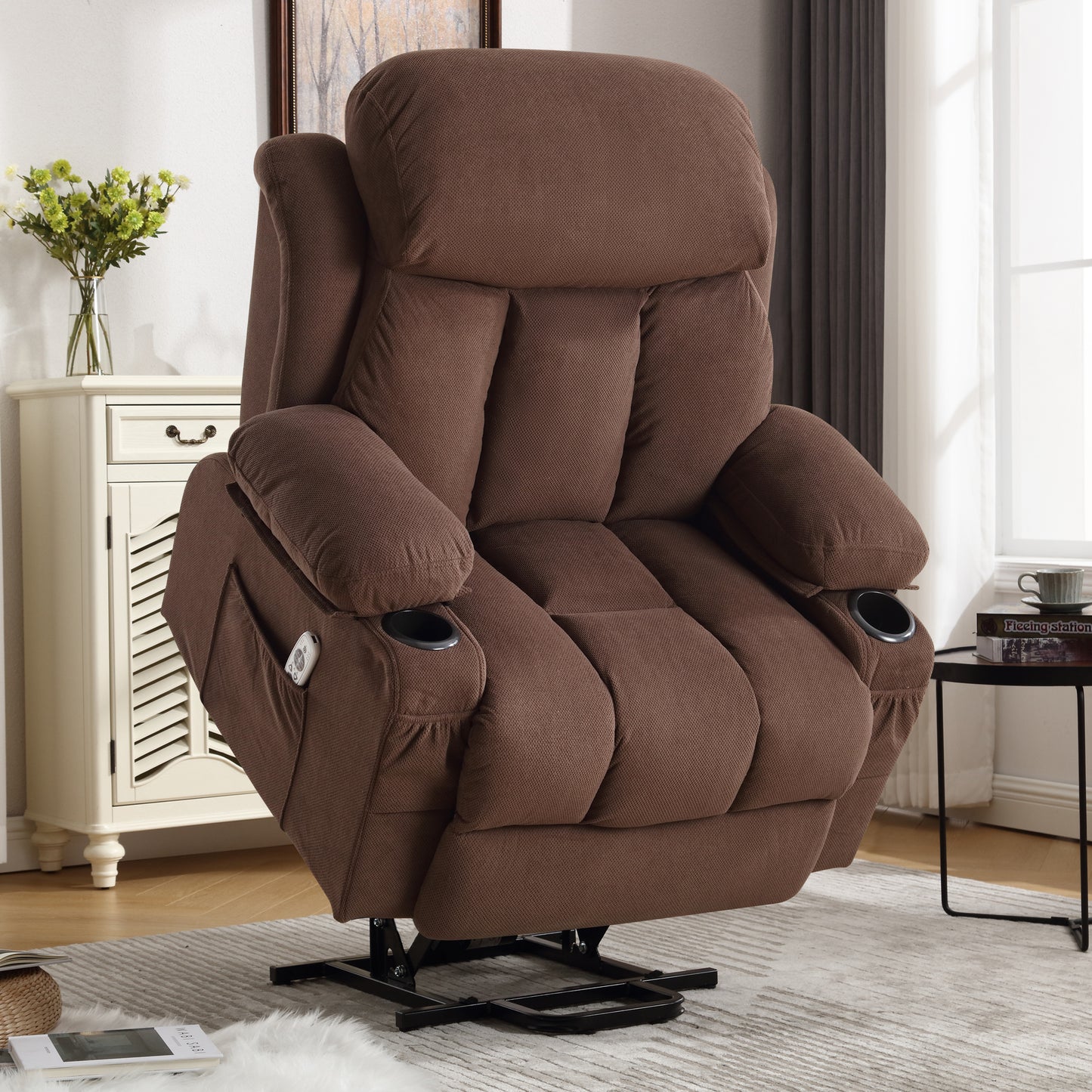 Power Lift Recliner Chair with Heat and Massage Electric Fabric Recliner Chair for Elderly with Side Pocket, USB Charge Port, Remote Control for Living Room (BROWN)A+B