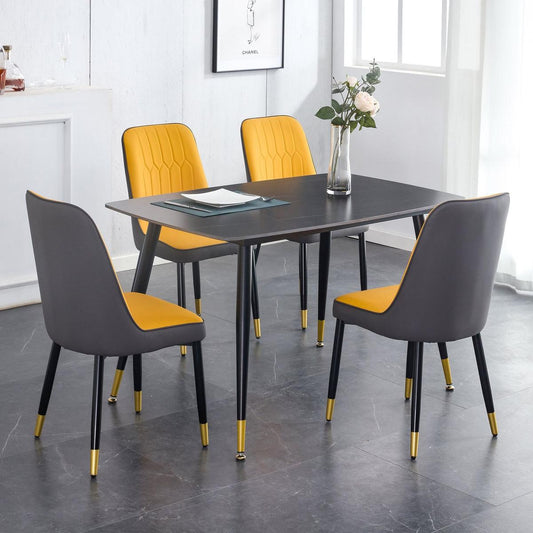 Table and chair set. Black sintered stone tabletop with black metal legs. Orange deep gray dual tone PU leather backrest and black metal leg chair. 1 table and 4 chairs F-001 C-007