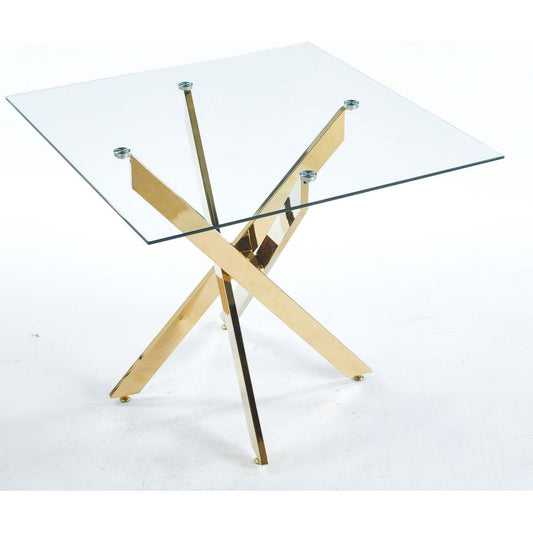 Dining Table with cross metal leg and tempered glass,Modern Space Saving Kitchen Table for Living Room,chrome legs,Square table,golden legs,90x90x75cm