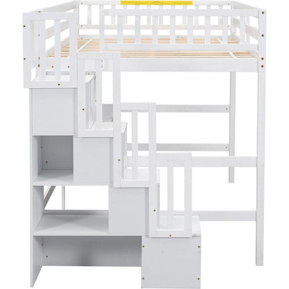 Full Size Loft Bed with Built-in Desk, Bookshelves and Storage Staircase,White
