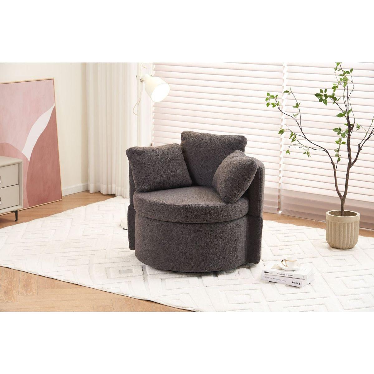 Teddy Fabric Swivel And Storage Chair With Back Cushion For Living Room,Dark Gray