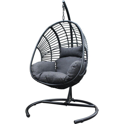 High Quality Outdoor Indoor Black color PE Wicker Swing Egg chair with Antracite Color Cushion And Black Color Base