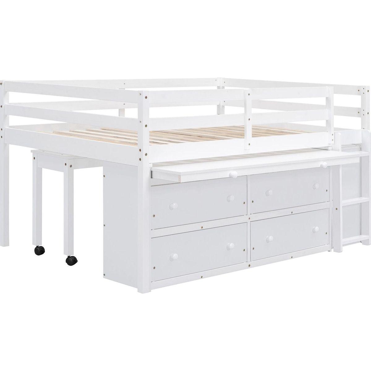 Full Size Loft Bed with Retractable Writing Desk and 4 Drawers, Wooden Loft Bed with Lateral Portable Desk and Shelves, White