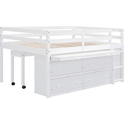 Full Size Loft Bed with Retractable Writing Desk and 4 Drawers, Wooden Loft Bed with Lateral Portable Desk and Shelves, White