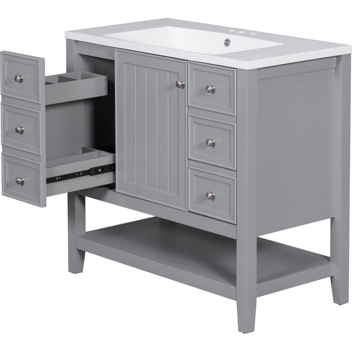 36" Bathroom Vanity with Sink Combo, One Cabinet and Three Drawers, Solid Wood and MDF Board, Grey