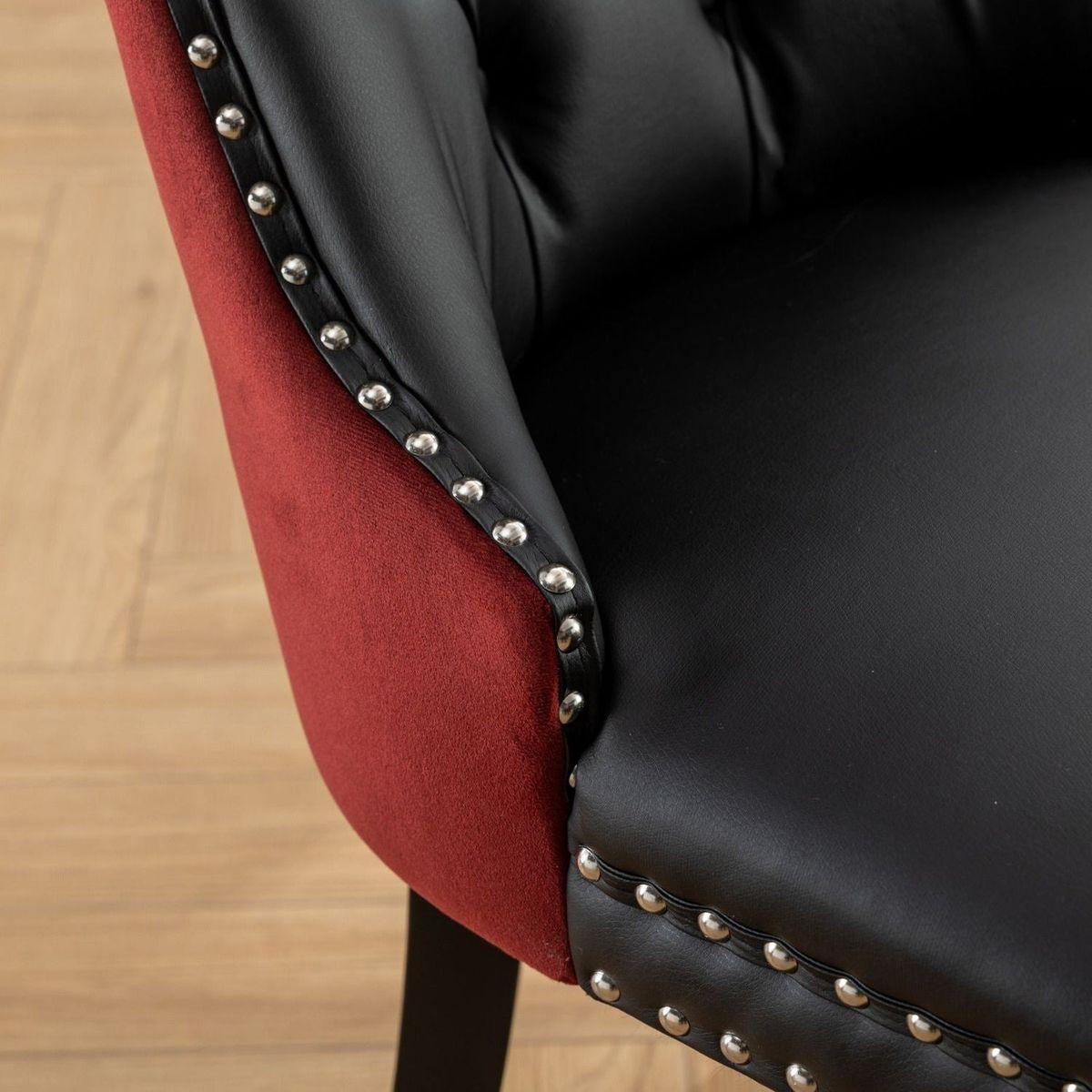 Nikki Collection Modern, High-end Tufted Solid Wood Contemporary PU and Velvet Upholstered Dining Chair with Wood Legs Nailhead Trim 2-Pcs Set, Black+WineRed, Burgundy