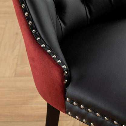 Nikki Collection Modern, High-end Tufted Solid Wood Contemporary PU and Velvet Upholstered Dining Chair with Wood Legs Nailhead Trim 2-Pcs Set, Black+WineRed, Burgundy