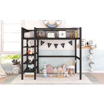Full Size Metal Loft Bed with 4-Tier Shelves and Storage, Black