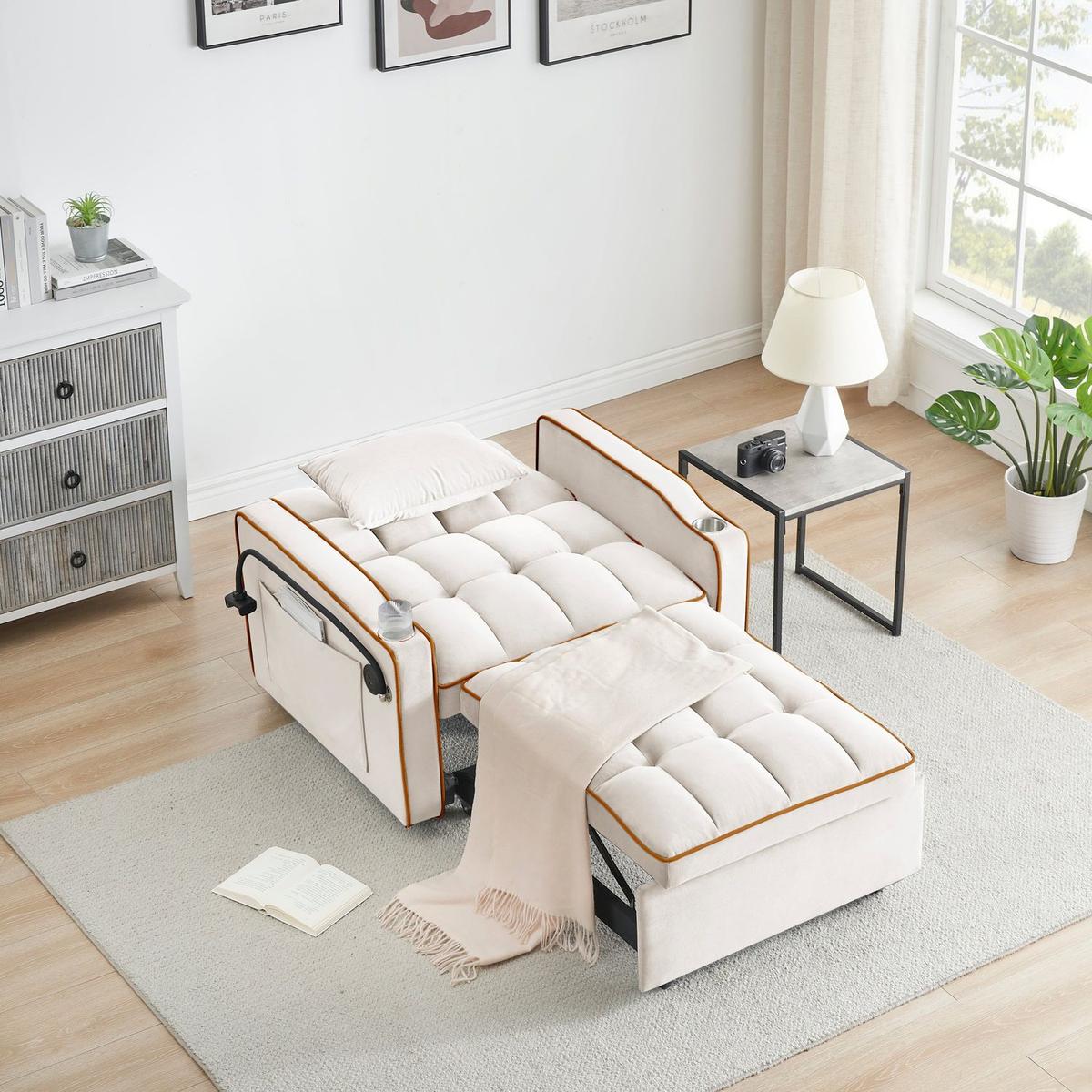 1 versatile foldable sofa bed in 3 lengths, modern sofa sofa sofa velvet pull-out bed, adjustable back and with USB port and ashtray and swivel phone stand creamy white