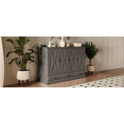 Solid Pine Murphy Bed Chest Cube Cabinet Bed with Charging Station and Large Storage Drawer for Home Office or Small Room,Full,Gray