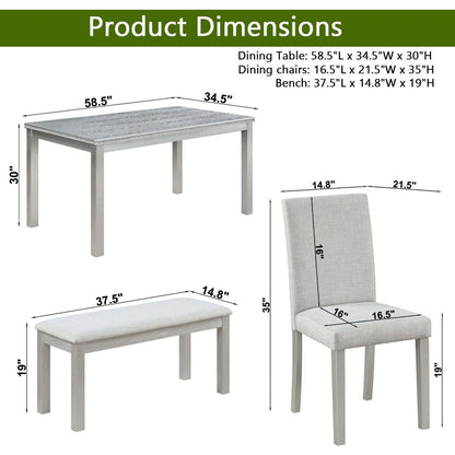 Wooden Dining Rectangular Table with Bench, Kitchen Table with Bench for Small Space, 6 Person Dining Table, Silver grey