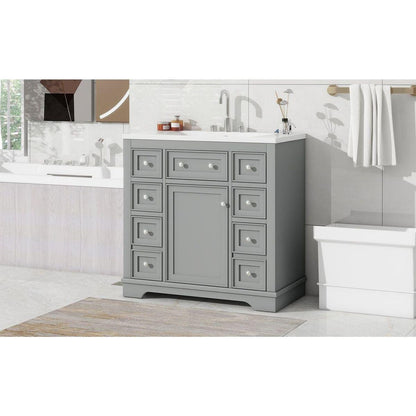 36" Bathroom Vanity with Sink Combo, One Cabinet and Six Drawers, Solid Wood and MDF Board, Grey