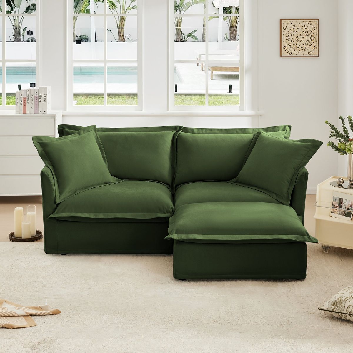 Slipcovered Sectional 2 Seater Sofa Couch with Convertible Ottoman, Wide and Deep Seat L Shaped Sofa with Detachable Cover and Soft Multiple Big Pillows, Chenille Fabric, Green