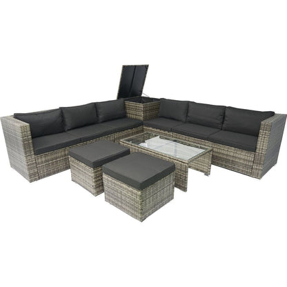 8 Piece Patio Sectional Wicker Rattan Outdoor Furniture Sofa Set with One Storage Box Under Seat and Cushion Box Grey wicker + Black Cushion + Clear Glass Top