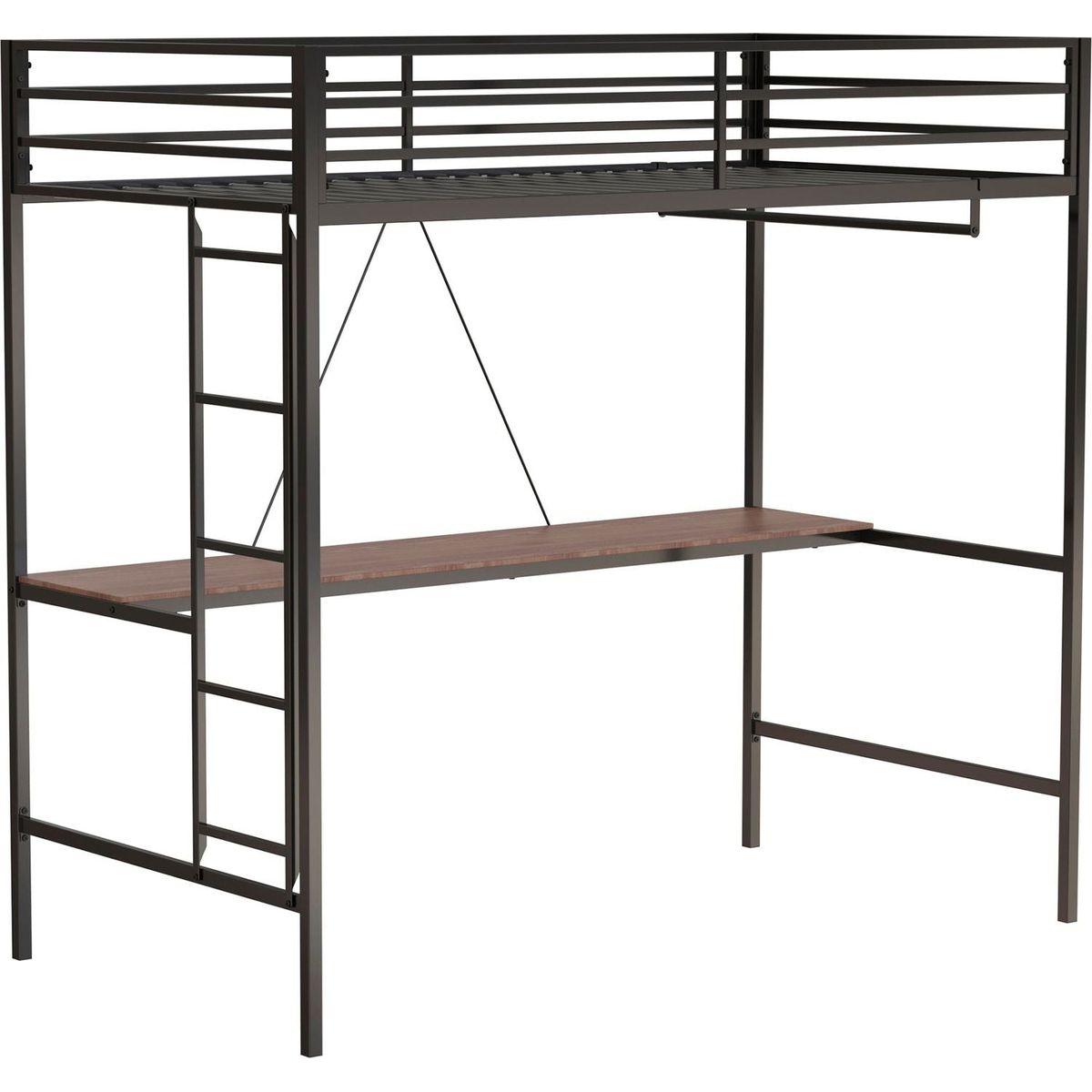 Adam Sturdy Twin Loft Bunk Black with Cinnamon Wood Desk and Closet Rod for Adult and Kids, and Easy Climbing with Sturdy Ladder, Space Saving