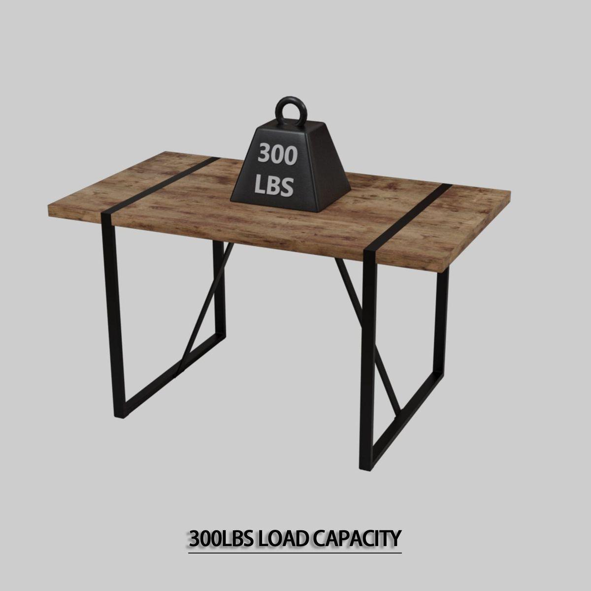 55 "rural industrial rectangular MDF dark wood dining table, 4-6 people, 1.5" thick engineering wood tabletop and black rectangular metal legs, used for writing desk, kitchen, terrace, dining room