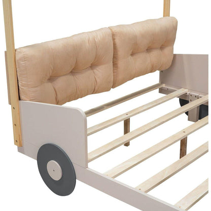 Wood Full Size Car Bed with Pillow, Ceiling Cloth and LED, Natural