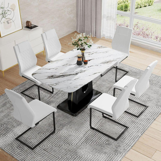 Table and chair set, modern and minimalist dining table, imitation marble patterned tabletop, MDF legs with U-shaped brackets. Paired with comfortable chairs, suitable for dining and living rooms.