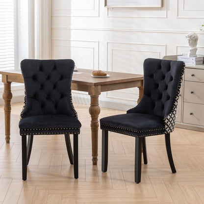 Classic Velvet Dining Chairs, High-end Tufted Solid Wood Contemporary Velvet Upholstered Dining Chair with Wood Legs Nailhead, SET OF 2,Black and Patterned
