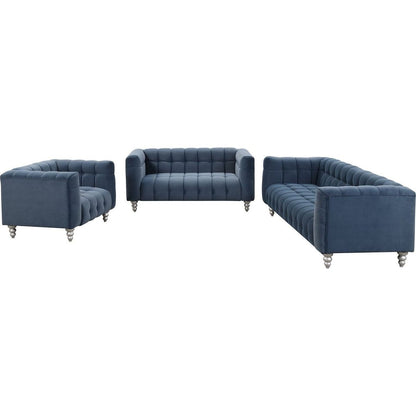 Modern 3-piece sofa set with solid wood legs, buttoned tufted backrest, Dutch fleece upholstered sofa set including three-seater sofa, double seat and living room furniture set single chair, blue