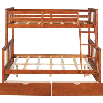 Twin-Over-Full Bunk Bed with Ladders and Two Storage Drawers (Walnut) { o