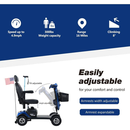 MAX PLUS BLUE 4 Wheels Outdoor Compact Mobility Scooter with 2pcsx20AH Lead acid Battery,Max Driving Range 16 Miles with Cup holders & USB charger port