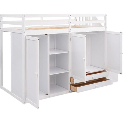 Functional Loft Bed with 3 Shelves, 2 Wardrobes and 2 Drawers, Ladder with Storage, No Box Spring Needed, White